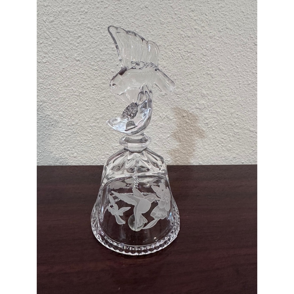Vintage Frosted Crystal Hummingbird Bell Etched Glass Figurine Collectible